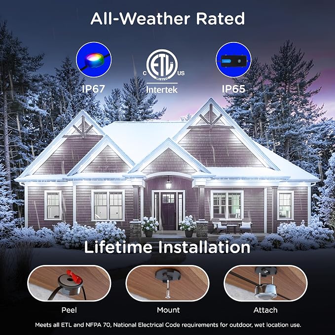 Enbrighten Accent Permanent Outdoor Lights, 100ft, 24 Lights, Smart | Black Cord, RGBWIC LEDs, Weatherproof, Cuttable, Link to 200ft, Christmas, App Control, Works with Alexa & Google Home