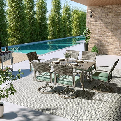 Pamapic 7-Piece Outdoor Dining Set with Swivel Rocker Chairs, Wicker Patio Furniture for 6, Poolside Garden Deck with Iron Table & Removable Cushions (Green)
