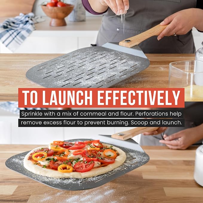 Chef Pomodoro Perforated Aluminum Pizza Peel 12x14 in Foldable Wood Handle | Metal Pizza Peel with Holes for Easy Release, Folds Flat for Storage, Great for Homemade Pizza & Artisan Bread