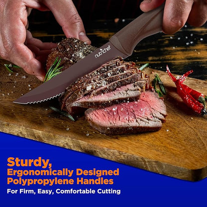 NutriChef 8 Piece Kitchen Knife Set - Multi-purpose Unbreakable Ergonomic Non-stick Stainless Steel Kitchen Steak Knives Set with Fully Serrated Blades - Great for BBQ Grill - NCSK8BW,Brown