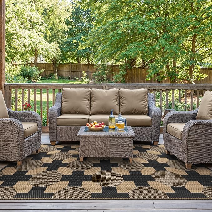 GENIMO Outdoor Rug, Waterproof Plastic Rugs for Patio, 6'x9' Deep Brown | Outside Larger Modern Carpet Mat for Porch Decor, Deck, Balcony, Camping, RV, Backyard, Picnic, Beach, Reversible, Foldable