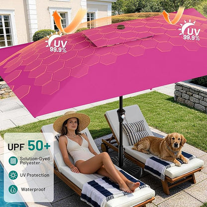 AreShark 6.5'x10' 2 Tiers Rectangular Patio Umbrella - Outdoor Umbrella Waterproof UV Protection, Market Table Umbrella w/Push Button Tilt for Pool, Lawn, Balcony(Rose Pink)