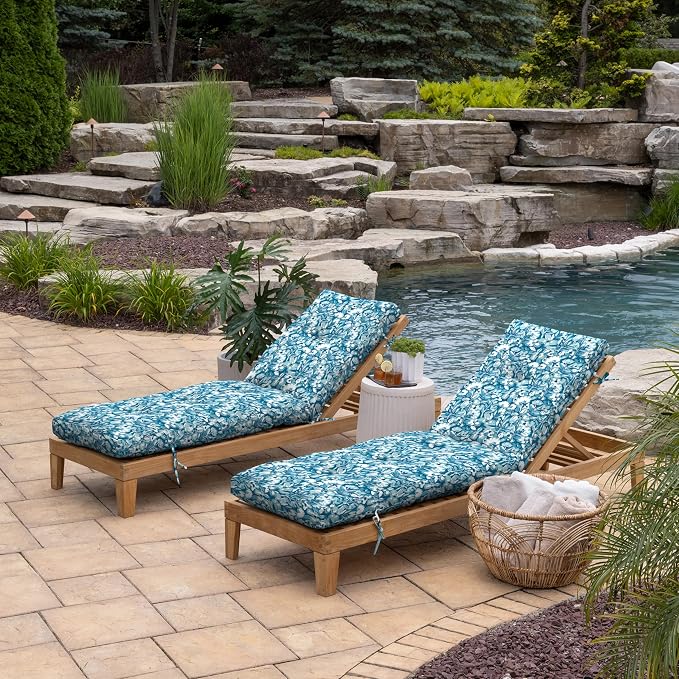 Arden Outdoor Tufted Chaise Cushion, 22x76, Aqua Blue Floral | Plush Comfort, Modern Tuft, Lounge Cushion, Rain-Proof, Fade Resistant, Mold and Mildew Resistant