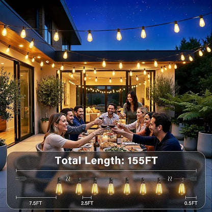 Ollny 155FT Outdoor String Lights, Shatterproof Connectable Patio Lights with 60 ST38 Edison LED Bulbs, 2200K Warm White Waterproof String Lights for Outside Backyard, Gazebo, Porch, Balcony, Bistro