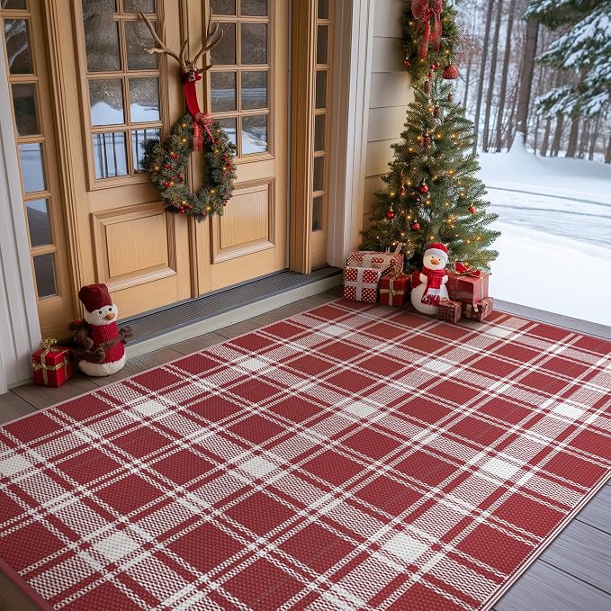 GENIMO Outdoor Rug, Waterproof Plastic Rugs for Patio, 6'x9' Red Plaid | Outside Larger Modern Carpet Mat for Porch Decor, Deck, Balcony, Camping, RV, Backyard, Picnic, Beach, Reversible, Foldable