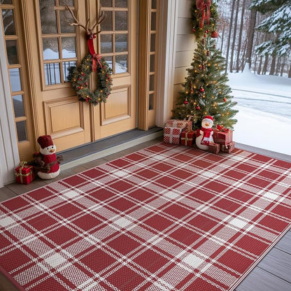 GENIMO Outdoor Rug, Waterproof Plastic Rugs for Patio, 6'x9' Red Plaid | Outside Larger Modern Carpet Mat for Porch Decor, Deck, Balcony, Camping, RV, Backyard, Picnic, Beach, Reversible, Foldable