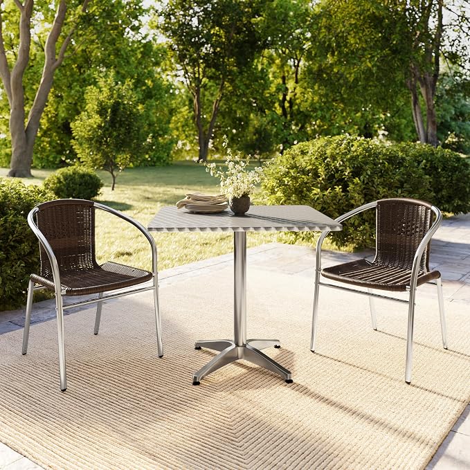 Flash Furniture Lila 31.5'' Square Aluminum Indoor-Outdoor Table Set with 2 Dark Brown Rattan Chairs | Aluminum Tabletop, Indoor/Outdoor