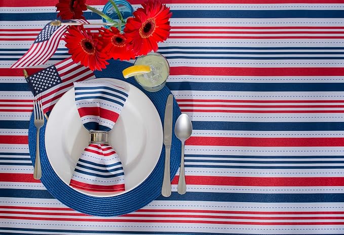 DII Patriotic Stripes Tabletop Collection, Stain Resistant & Waterproof, Table Runner, 14x108, Red, White, & Blue