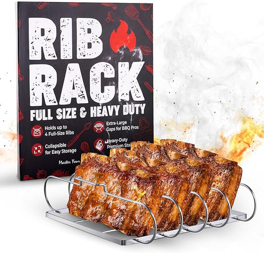 SHIZZO Rib Rack for Smoking & Grilling, Holds up to 4 Full Racks of Ribs, Foldable Design, Fits Large Gas Smoker or Charcoal Grill, Perfect BBQ Accessory, Smoker Accessories, Gifts for Men, Father