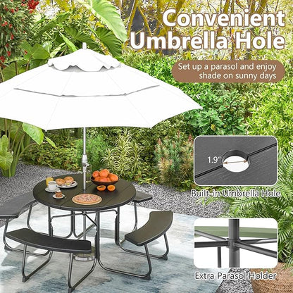 COSTWAY Round Picnic Table with Umbrella Hole, Outdoor Picnic Table with Bench Set for 4-8 People, HDPE Tabletop, Patio Dining Furniture Set for Family Gatherings, BBQ Party, Backyard (Black)