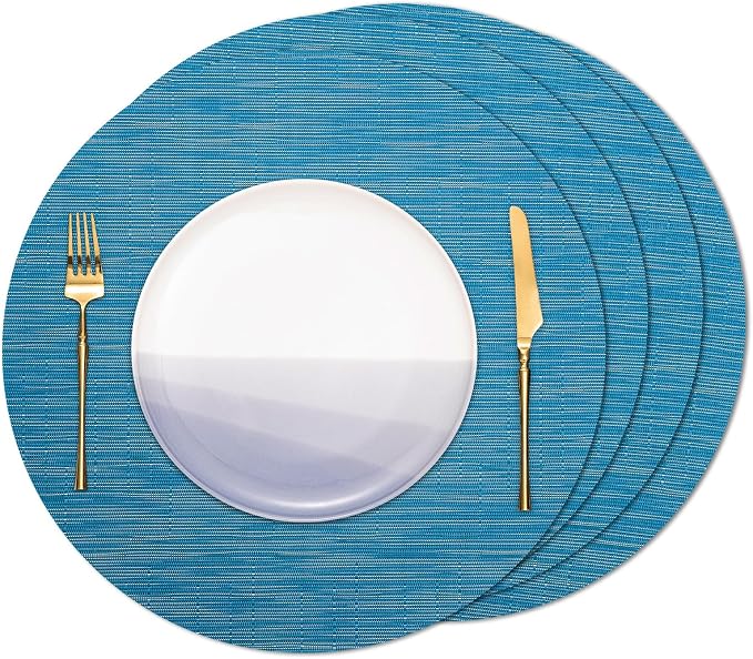 Round Placemats Set of 4 Heat Resistant Vinyl Placemats 15 inch Washable Non-Slip Table Mats Woven Place Mats for Dining Table (Blue, Set of 4)