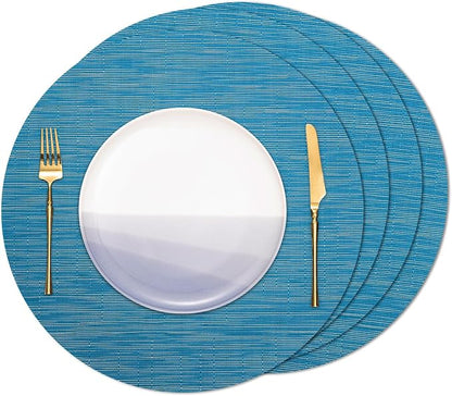 Round Placemats Set of 4 Heat Resistant Vinyl Placemats 15 inch Washable Non-Slip Table Mats Woven Place Mats for Dining Table (Blue, Set of 4)