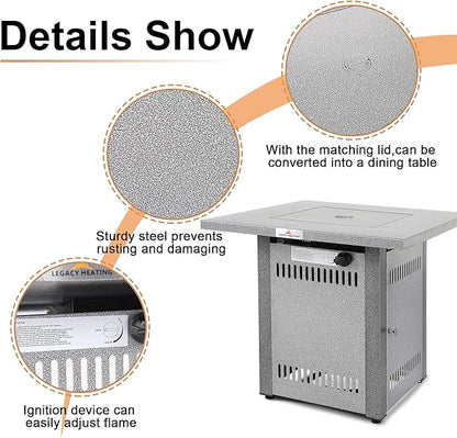 LEGACY HEATING Gas Fire Pit Table 28 inch Outdoor Propane Fire Pit Table, 50000 BTU 28" Square Fire Table with Lid & Lava Rock, Silver Grey Texture, for Outside Patio Yard Party Balcony and Lawn