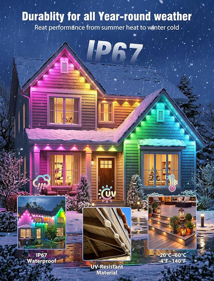Permanent Outdoor Lights for House,150FT RGB+IC Smart Lights | 90 LEDs,App/Remote Control,IP67 Waterproof,DIY Color-Changing String Lights For Eaves,Xmas,Halloween And Party Decor