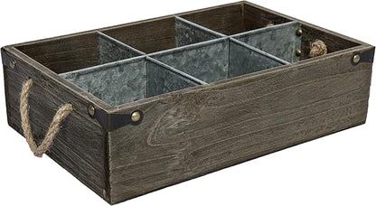 MyGift Rustic Solid Wood and Galvanized Multipurpose Organizer Caddy with 6 Metal Partition Divided Slots and Rope Handles, Vintage Style Wine Bottle Crate Storage Gift Box