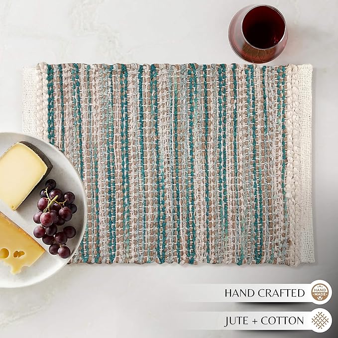 Hausattire Woven Table Placemats Set of 4 - Teal, Jute Boho Outdoor Table Mats for Kitchen Dining Decoration | Heat Resistant Farmhouse Rustic Dinner Spring Easter Placemat - 13x19 Inch