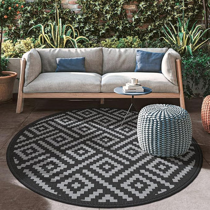 GENIMO Outdoor Rug, Waterproof Plastic Rugs for Patio, 8' Round Black Grey | Outside Larger Modern Carpet Mat for Deck Decor, Porch, Balcony, Backyard, Camping, Picnic, Beach, RV, Reversible, Foldable
