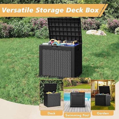 Fancyango 32 Gallon Outdoor Deck Box Waterproof, Storage Box for Patio, Resin Storage Bench Lockable for Garden Tools, Package Delivery, Black