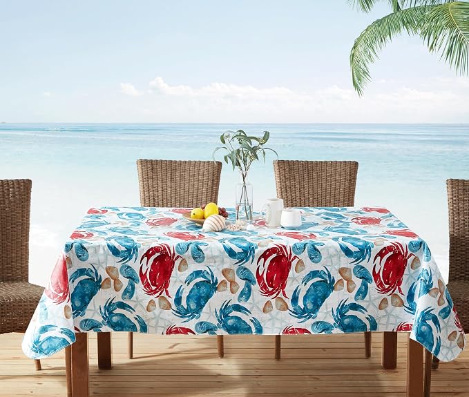 Newbridge Stone Crab Summer Vinyl Flannel Backed Tablecloth, 52 x 52 Inch Square, Coastal Crab Print, Waterproof Indoor Outdoor Table Cover, Beach House Nautical Seafood Boil Patio Dining