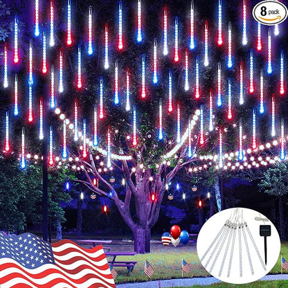 JMEXSUSS Red White and Blue Solar Lights, 8 Tube 144 LEDs | Patriotic Solar Meteor Shower Lights Waterproof for Independence Day, Gardens, Tree, Outdoor 4th of July Decorations