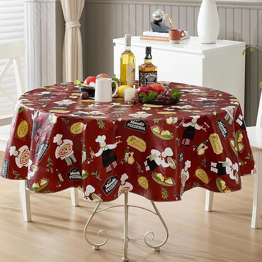 Newbridge 70 Inch Round Vinyl Tablecloth with Flannel Backing, Italian Red Bistro Chef, Novelty Chef Indoor Outdoor Waterproof Table Cover for Picnic, Barbecue, Patio and Kitchen Dining