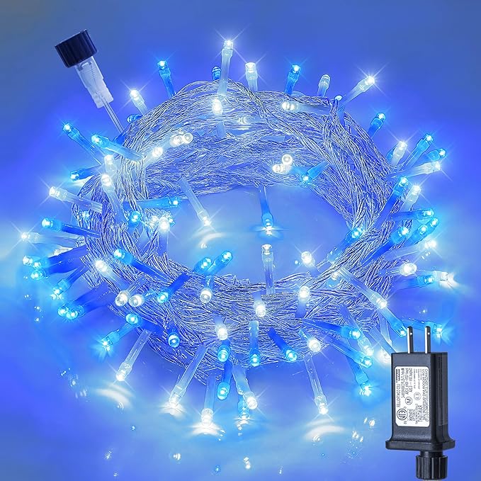 Hopolon Blue and White Christmas Lights Outdoor,33FT 100 Led Plug in Fairy String Lights Clear Wire,8 Modes Waterproof Christmas Tree Light for Indoor Outside Bedroom Party Wedding,100 LED,Blue White