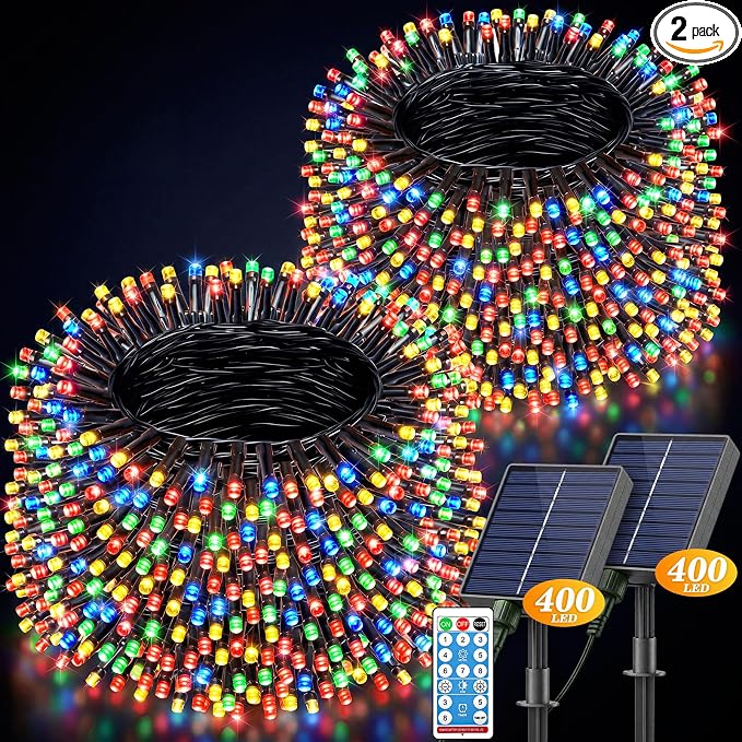 LitHome 2 Pack Upgraded Solar String Lights Outdoor, Total 800LED 262FT | Solar & USB Powered Christmas Lights with Remote,8 Mode Waterproof String Light for Patio Garden Yard Tree Decor,Multicolor