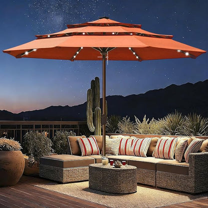 EliteShade USA 10-Year-Non-Fading 10ft 3-Tier Market Patio Umbrella, Commercial Table Umbrella with 80 Solar LED Lights, Crank Open, Windproof & UPF 50+ UV Protection for Garden, Deck, Pool, Backyard, No Tilt, Rust