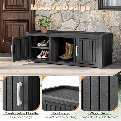 Bifanuo Shoe Storage Cabinet, 2-Door Outdoor Storage Bench with Adjustable Shelves, Waterproof UV-Resistant for Hallway, Living Room, Entryway, Large Capacity Modern Organizer (Black)