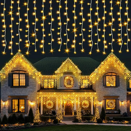 kemooie Outdoor Curtain Lights, 400 LED 26.2 x 3.3 FT Waterproof String Lights with 8 Modes, Fairy Curtain Lights for Backdrop Wedding Bedroom Balcony Party Decorations, Warm White