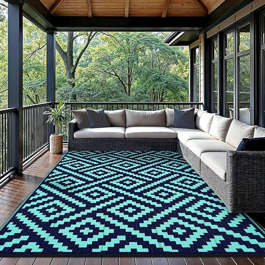 GENIMO Outdoor Rug, Waterproof Plastic Rugs for Patio, 6'x9' Blue Green | Outside Larger Modern Carpet Mat for Porch Decor, Deck, Balcony, Camping, RV, Backyard, Picnic, Beach, Reversible, Foldable