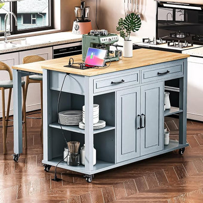 Ball & Cast Kitchen Island with Extendable Dining Table,Rubber Wood Veneer Kitchen Table W/Internal Storage Rack,Power Outlet & USB Ports,Kitchen Cart On Wheels W/2 Drawers & 2 Cabinets,Grey Blue,47"