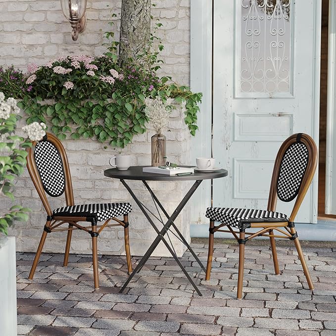 Flash Furniture Lourdes Indoor/Outdoor Commercial Thonet Bistro Stack Chair - Black/White PE Rattan Back and Seat - Natural Bamboo Print Metal Frame - 2 PK
