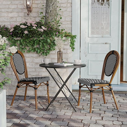 Flash Furniture Lourdes Indoor/Outdoor Commercial Thonet Bistro Stack Chair - Black/White PE Rattan Back and Seat - Natural Bamboo Print Metal Frame - 2 PK