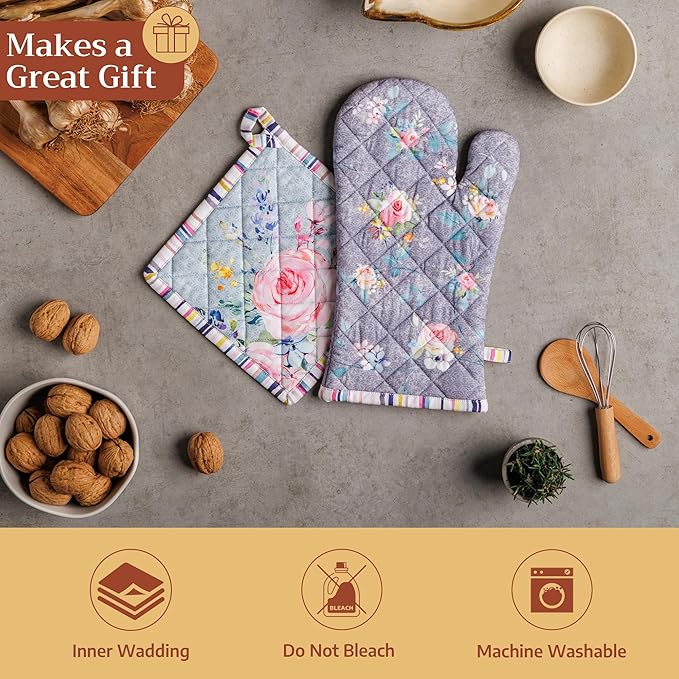 Maison d' Hermine 100% Cotton Oven Mitt & Pot Holder Set (7.5"x13" & 8"x8") Heat Resistant BBQ Cooking Gloves with Loop Grilling Kitchen Hotel Home Farmhouse Spring Summer (Sweet Rose Lavender - Lush)