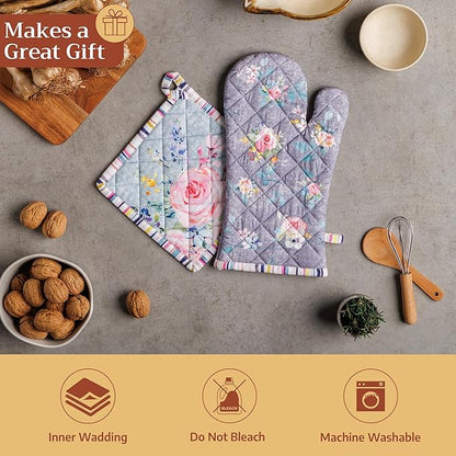 Maison d' Hermine 100% Cotton Oven Mitt & Pot Holder Set (7.5"x13" & 8"x8") Heat Resistant BBQ Cooking Gloves with Loop Grilling Kitchen Hotel Home Farmhouse Spring Summer (Sweet Rose Lavender - Lush)