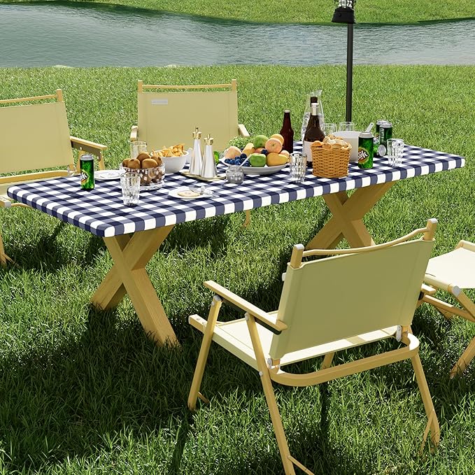 Smiry Picnic Table Cloth 2 Pack, Waterproof Elastic Fitted Tablecloths for 18x72 Rectangle Tables, Washable Polyester Buffalo Plaid Tablecloth for Camping, Dining & Outdoor (Navy & White, 18" x 72")
