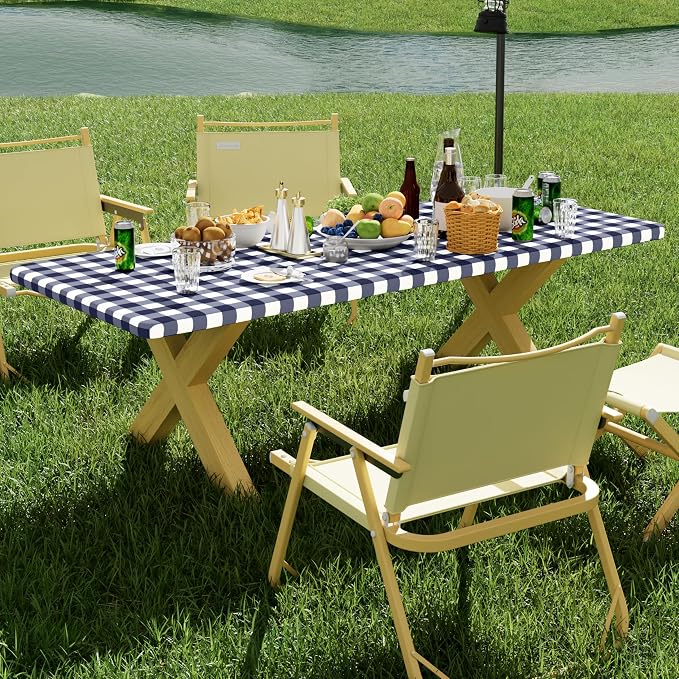 Smiry Picnic Table Cloth 2 Pack, Waterproof Elastic Fitted Tablecloths for 36x96 Rectangle Tables, Washable Polyester Buffalo Plaid Tablecloth for Camping, Dining & Outdoor (Navy & White, 36" x 96")