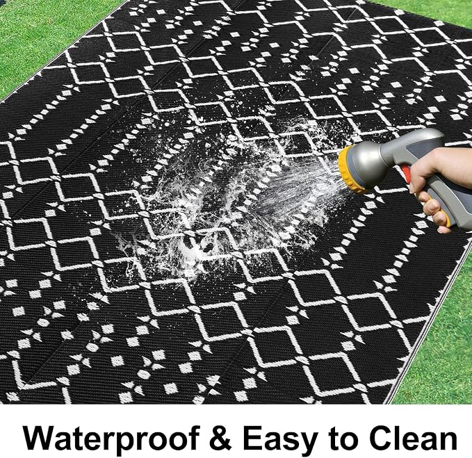 Smiry Outdoor Rug 8x10 ft Waterproof Reversible Boho Mat, Black | Polypropylene Plastic Straw, Quick Drying, Lightweight Foldable, for Patio, Deck, RV Camping, Backyard and Indoor Outdoor Use