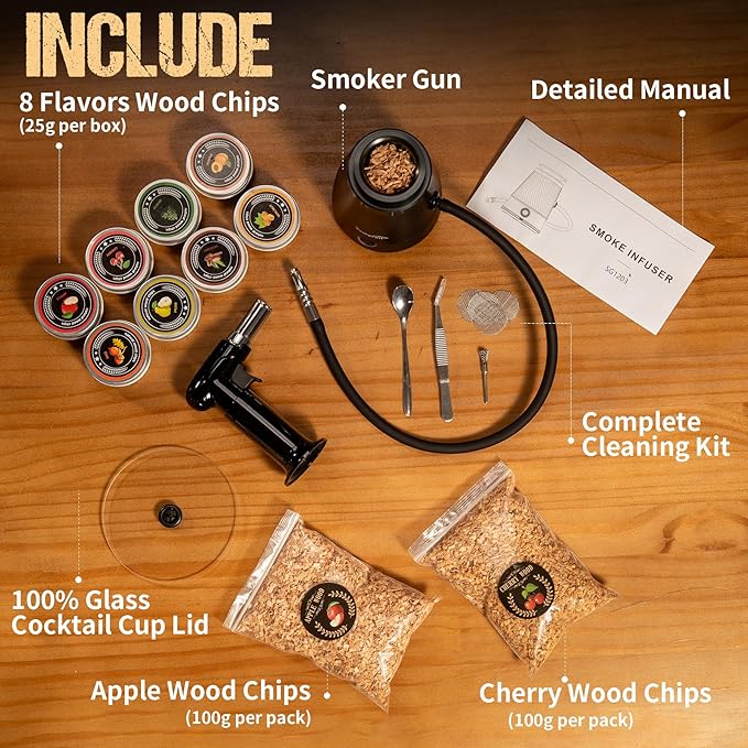 Wood Chips with Smoker Kit Upgraded Patented Smoking Gun – 0 Oil Smoke Contact, Effectively Prevents Tar Clogging, Dense Smoke Infuser for Cocktails, Meat & Cheese, Type-C/Battery