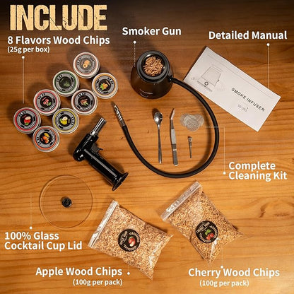Wood Chips with Smoker Kit Upgraded Patented Smoking Gun – 0 Oil Smoke Contact, Effectively Prevents Tar Clogging, Dense Smoke Infuser for Cocktails, Meat & Cheese, Type-C/Battery