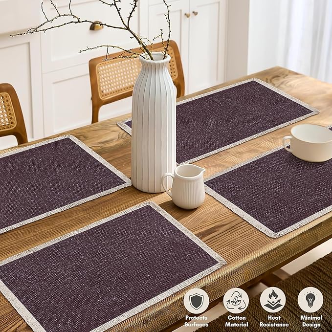 Hausattire Cotton Frayed Placemats Set of 4 Dining Table 13x19 Inch | Rustic Vintage Boho Washable Easter Placemat for Outdoor Parties BBQ's Wedding,Special Occasions, Nubby Cotton - Plum