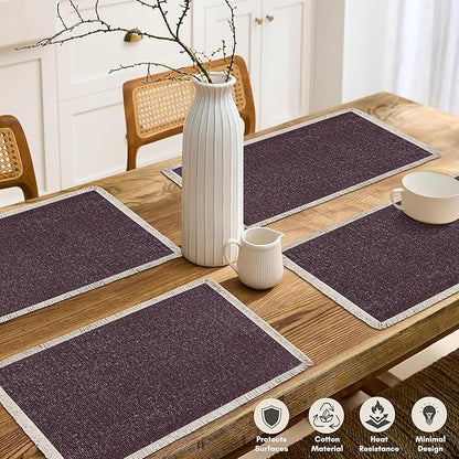 Hausattire Cotton Frayed Placemats Set of 4 Dining Table 13x19 Inch | Rustic Vintage Boho Washable Easter Placemat for Outdoor Parties BBQ's Wedding,Special Occasions, Nubby Cotton - Plum