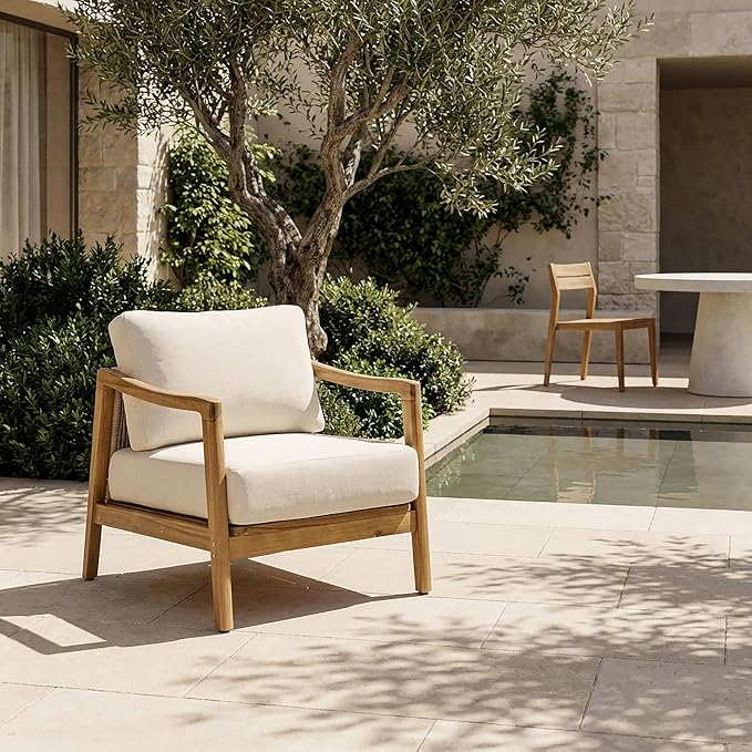 Christopher Knight Home Seward Acacia Wood Lounge Chair Outdoor with Removable Cushion, Solid Wood Patio Accent Chair with Rope Backrest, Patio Outdoor Armchair, Teak+Beige