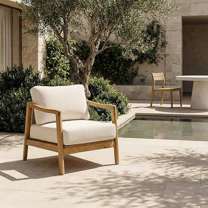 Christopher Knight Home Seward Acacia Wood Lounge Chair Outdoor with Removable Cushion, Solid Wood Patio Accent Chair with Rope Backrest, Patio Outdoor Armchair, Teak+Beige