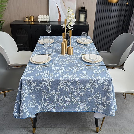 LIBERECOO Vinyl Tablecloth with Flannel Backing –Indigo Botanical Charm, Waterproof, Wipeable, Durable Table Cover – 4 Colors