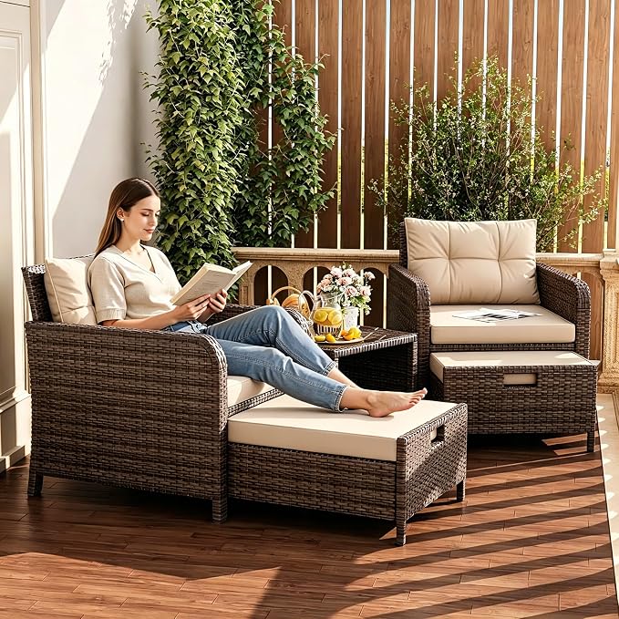 5 Piece Patio Furniture Set, PE Wicker Outdoor Furniture Set with Soft Cushions & Coffee Table, Outdoor Lounge Chairs with Ottoman for Porch, Lawn, Balcony, Khaki-Beige