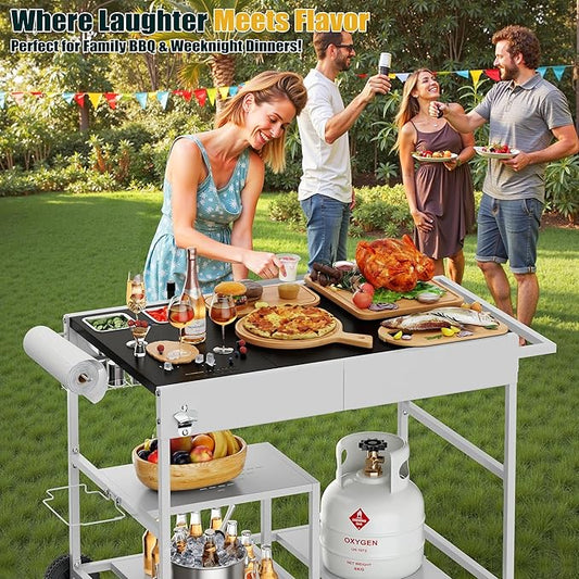 Shintenchi Pizza Oven Cart Table with Topping Station and Wheels, Outdoor Tabletop Grill Table Stand, Movable Food Prep Workcart Fits for Ninja Blackstone Woodfire Grill