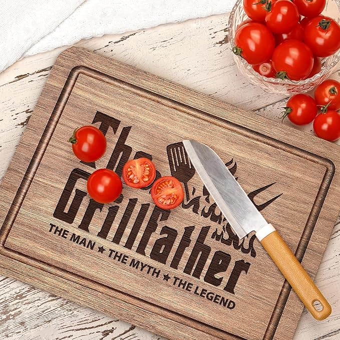 Fathers Day Birthday Gift for Dad, The Grillfather Walnut Wood Cutting Board, Dads Gift from Daughter Son, Cool Kitchen Gifts for BBQ, Grill Masters, Best Dad Board Present for Dads, Father, Daddy