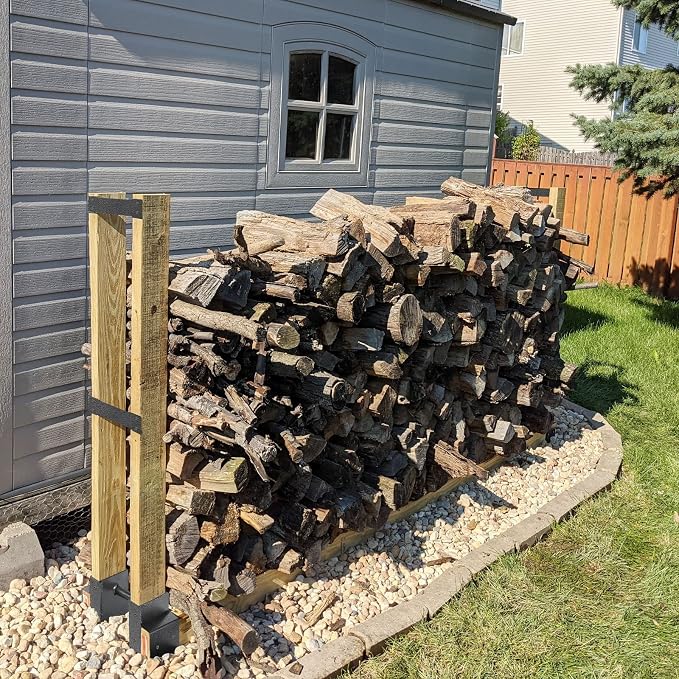 MOFEEZ Outdoor Firewood Log Storage Rack 2x4 Bracket Kit, Fireplace Wood Storage Holder, Adjustable to Any Length - Silver Black, Two Bases